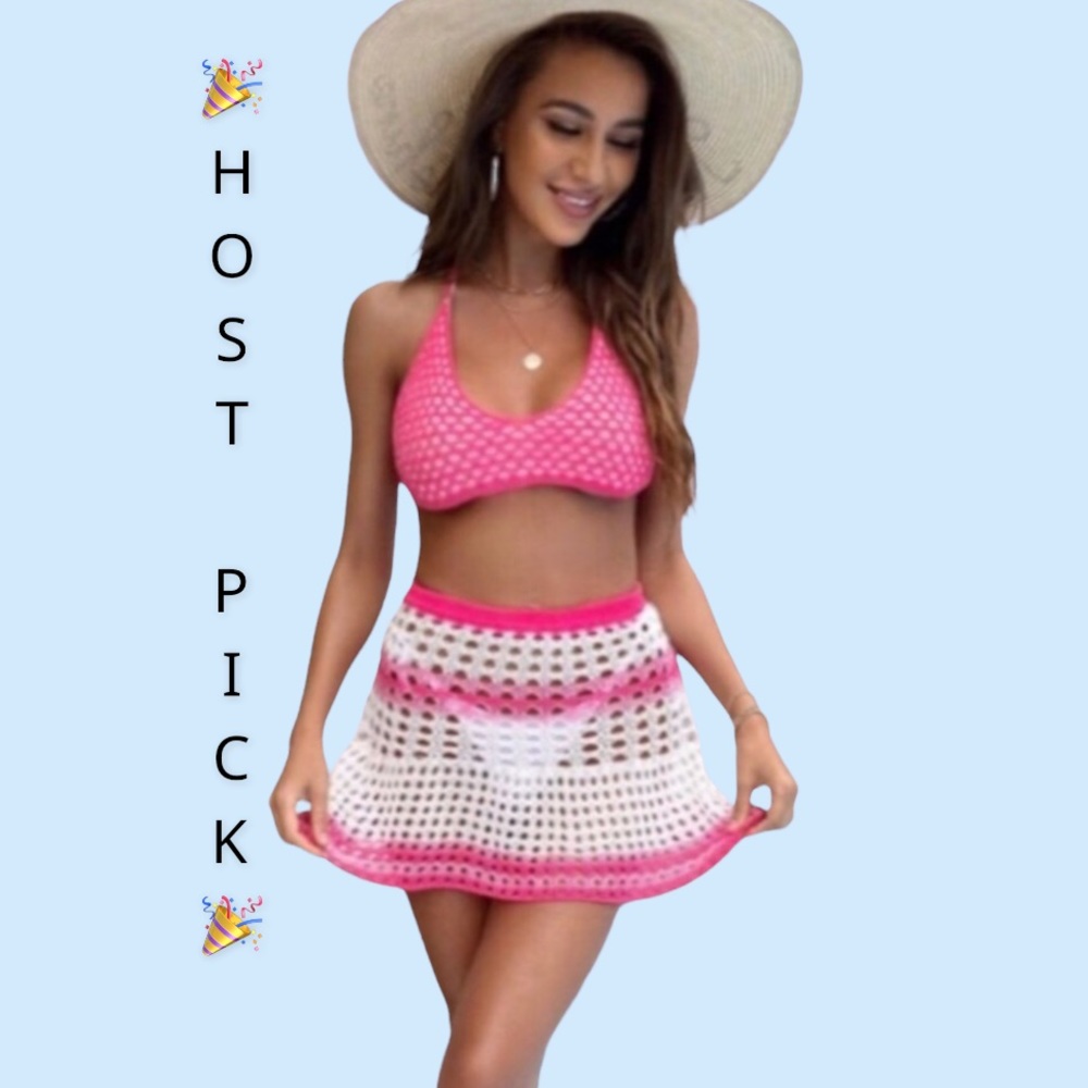 Fuchsia Pink Crochet Two Pc Tie Halter Top And Skirt Coverup Set New - Picture 3 of 14